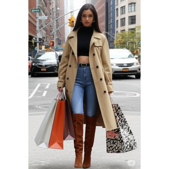 Line and Dot Beige Double Breasted Belted Long Trench Coat Women's Size Small - Picture 1 of 16